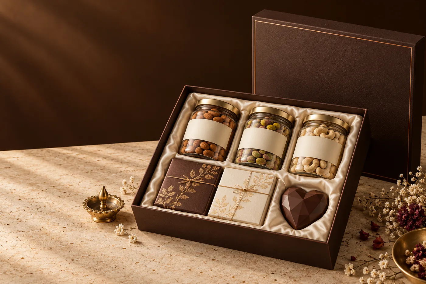An open ZAYEI Diwali hamper with jars and chocolates
